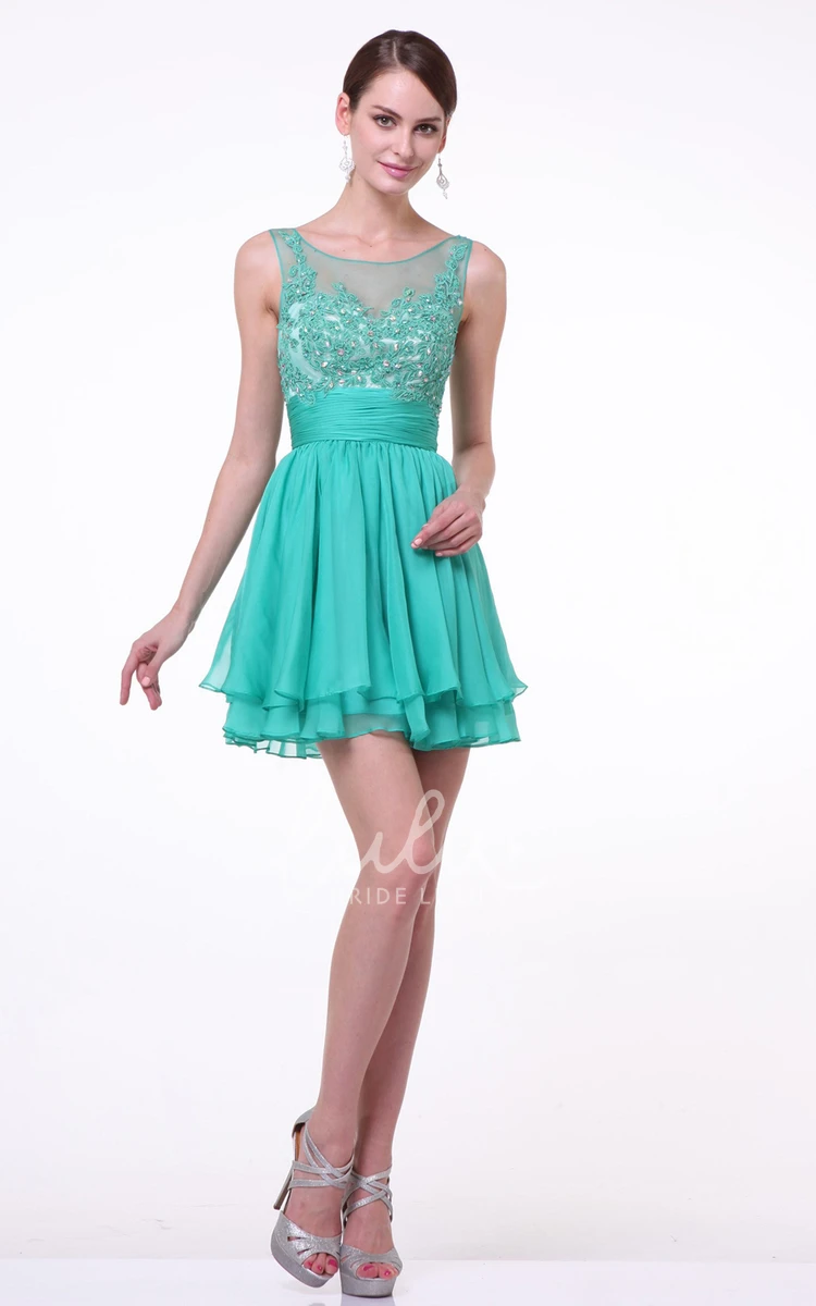 Bateau Chiffon A-Line Short Dress with Appliques and Tiers Formal Dress