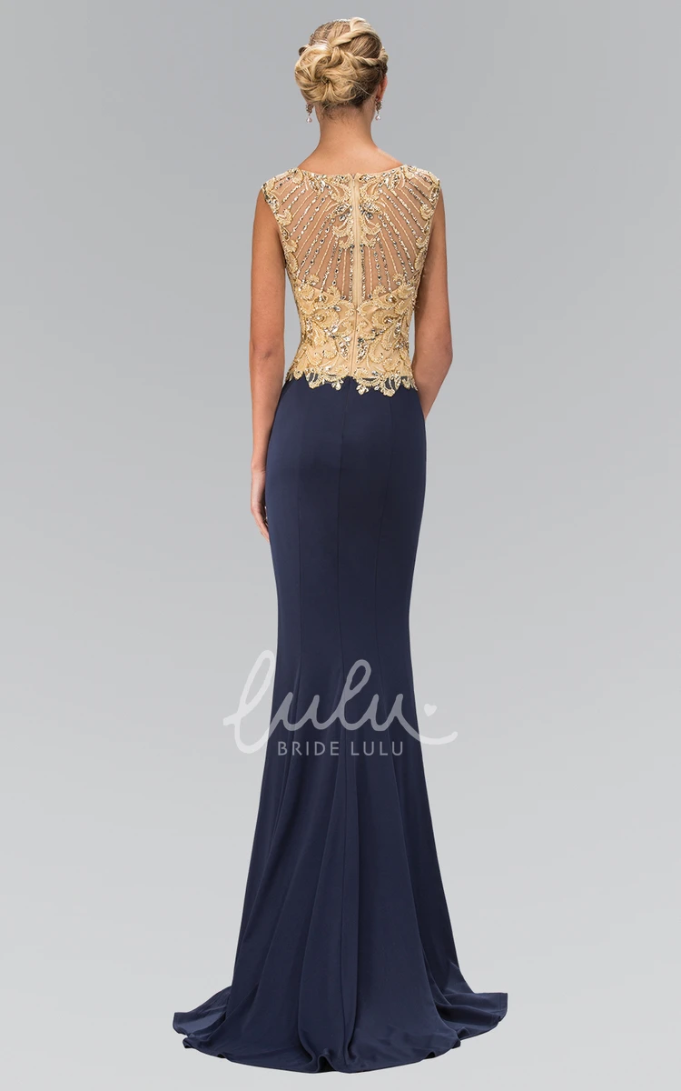 Cap-Sleeve Sheath Prom Dress with Scoop-Neck Beading and Appliques