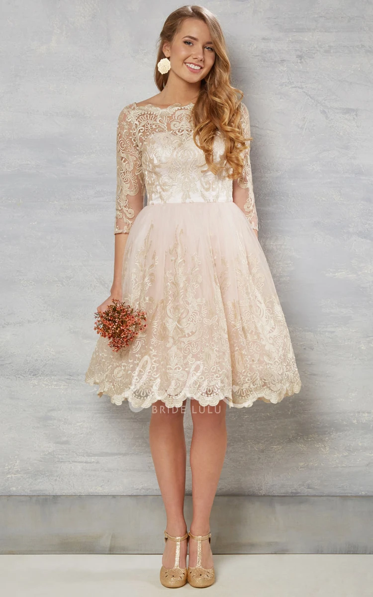 Illusion Bateau-Neck Lace Wedding Dress with 3/4 Sleeves A-Line Knee-Length