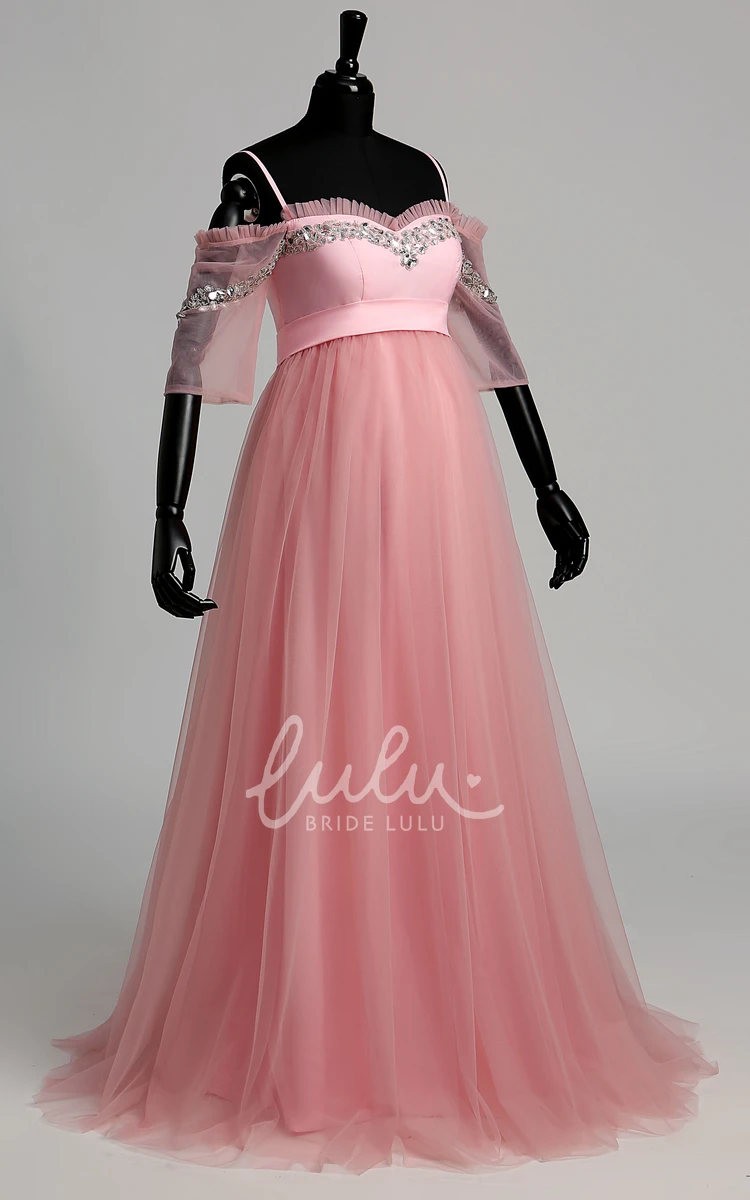 A-Line Maternity Dress with Tulle Fabric Sweep Brush Train Beading and Ruffles