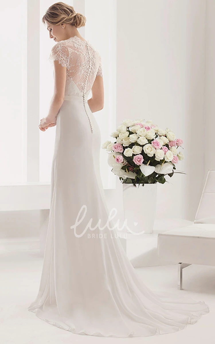 A-Line Chiffon Wedding Dress with Modest Lace Short-Sleeve and Shiny Waist