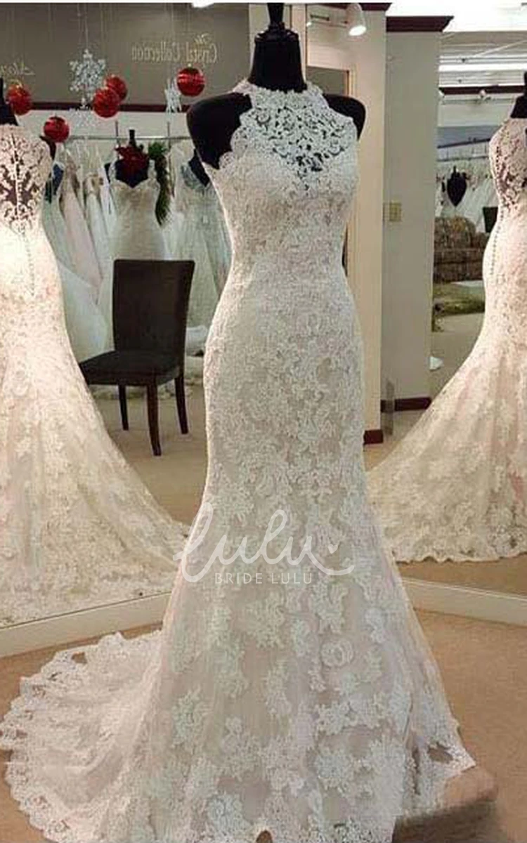 High Neck Lace Mermaid Wedding Dress with Trumpet Skirt