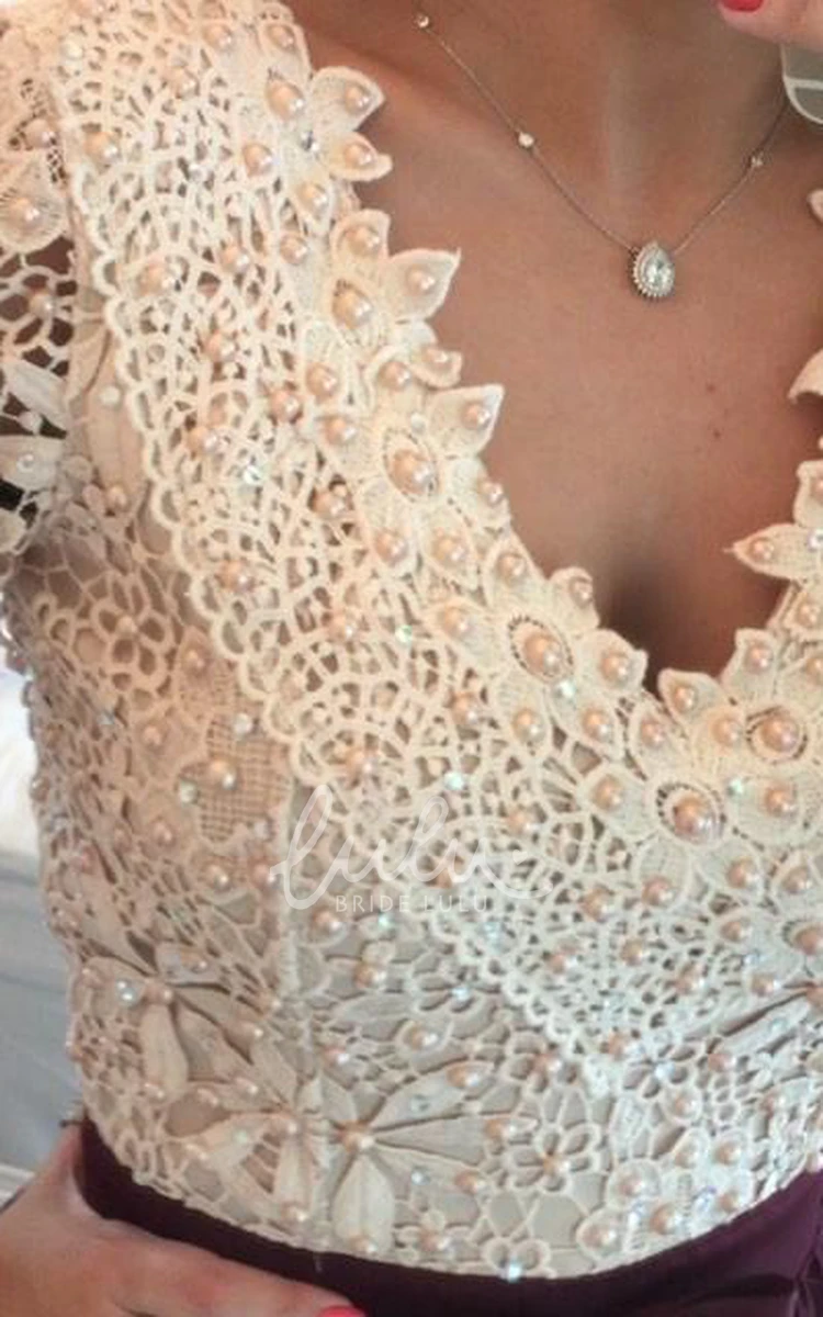 Elegant Long Sleeve Lace Prom Dress with Pearls and Flowy Skirt