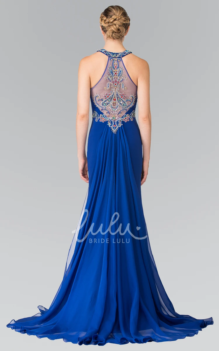 Beaded Jersey Sheath Formal Dress with Jewel Neckline and Watteau Train