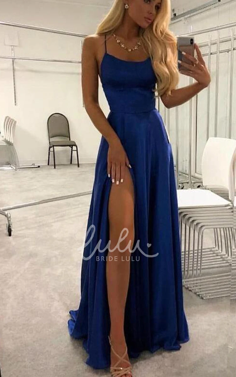 Casual Open Back Prom Dress with Split Front A-Line Sleeveless Satin Dress