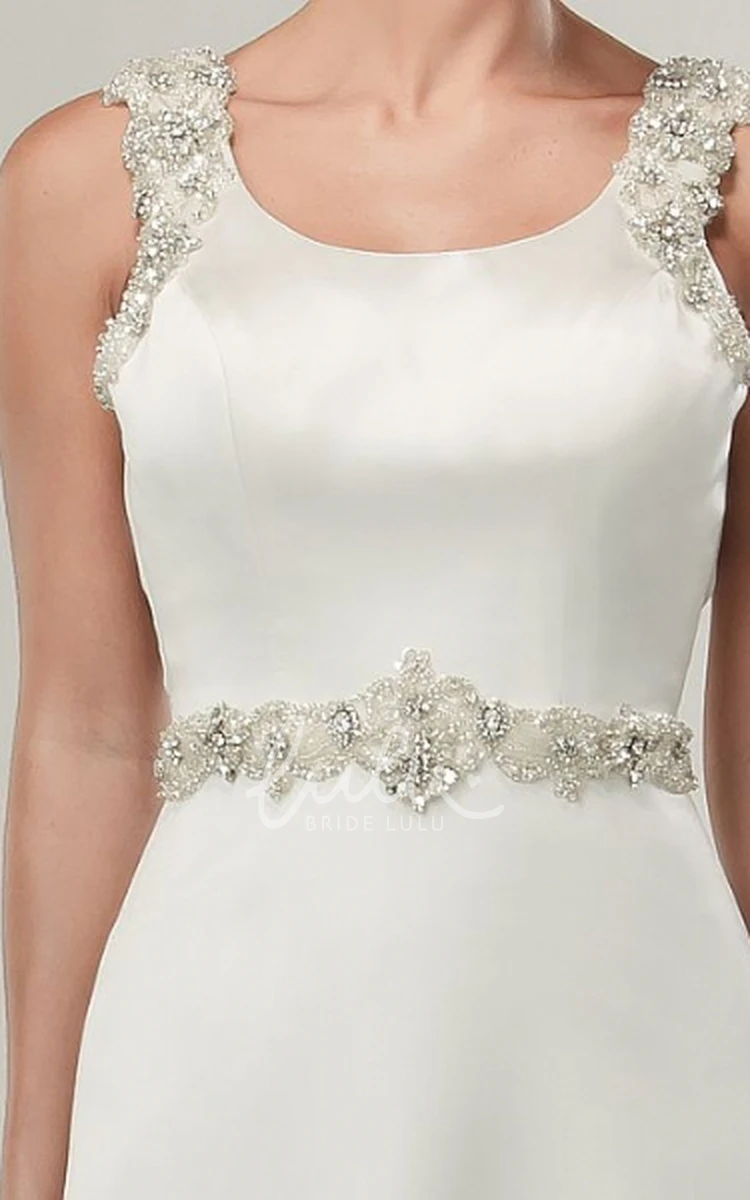 Satin Square Neckline Wedding Dress with Beaded Bodice and Sweep Train