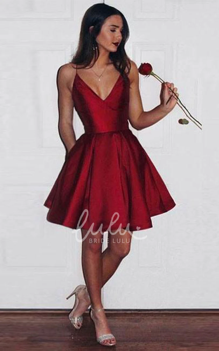 Casual Spaghetti Strap A-Line Satin Homecoming Dress with Pleats and Pockets