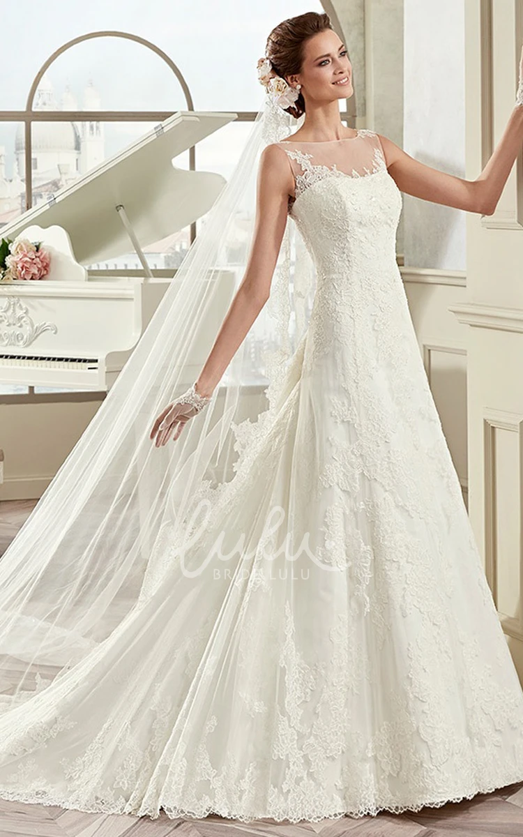 Lace Illusion Brush Train Cap Sleeve Wedding Dress