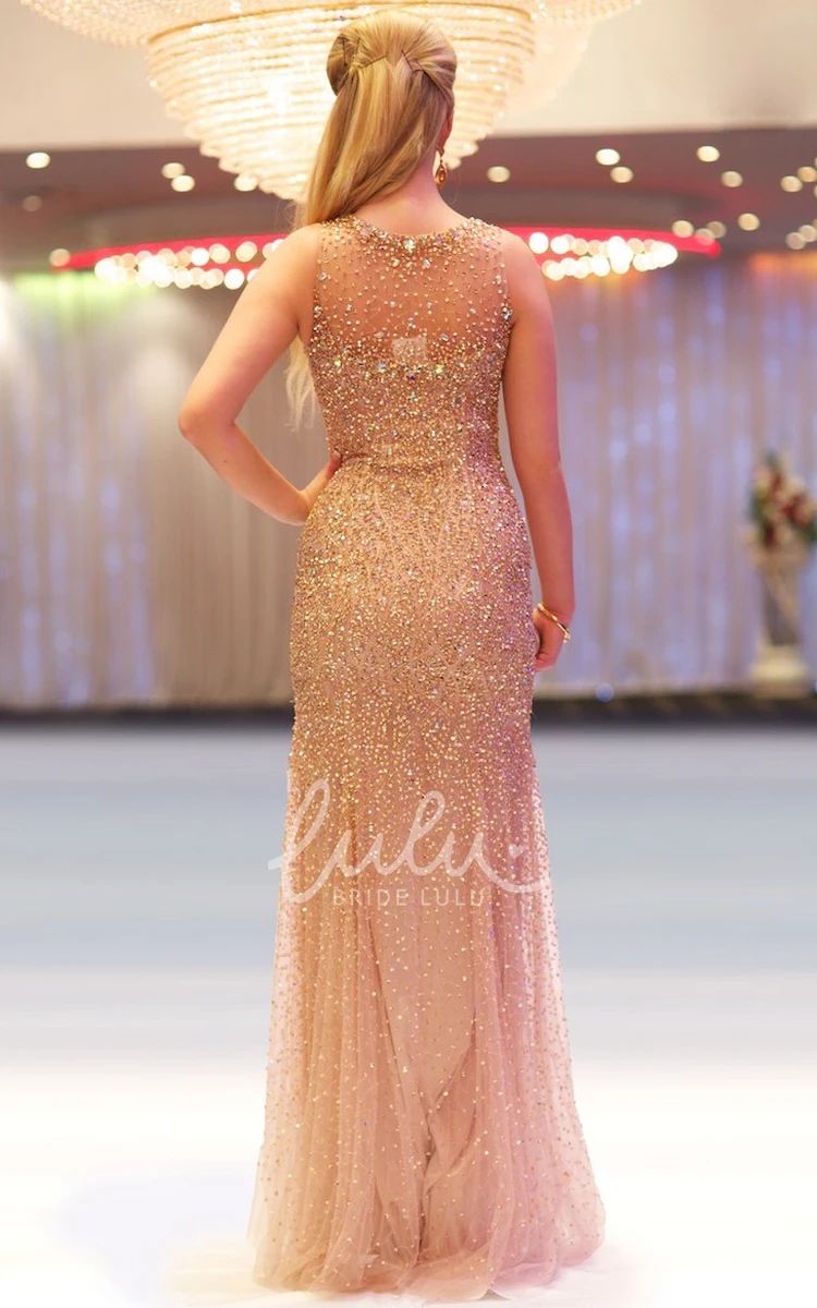 Sequin and Tulle Sheath Prom Dress with Scoop-Neck Floor-Length