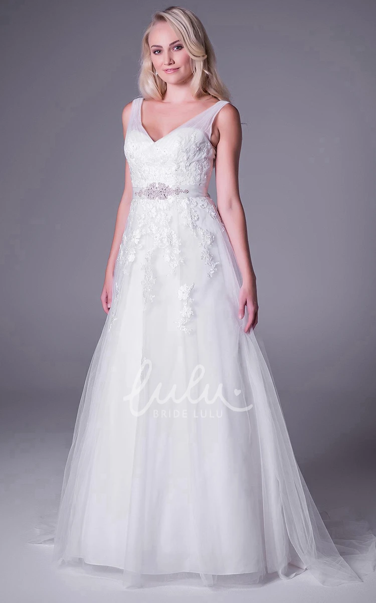 A-Line V-Neck Jeweled Maxi Sleeveless Tulle Plus Size Wedding Dress Sparkling Plus Size Wedding Dress