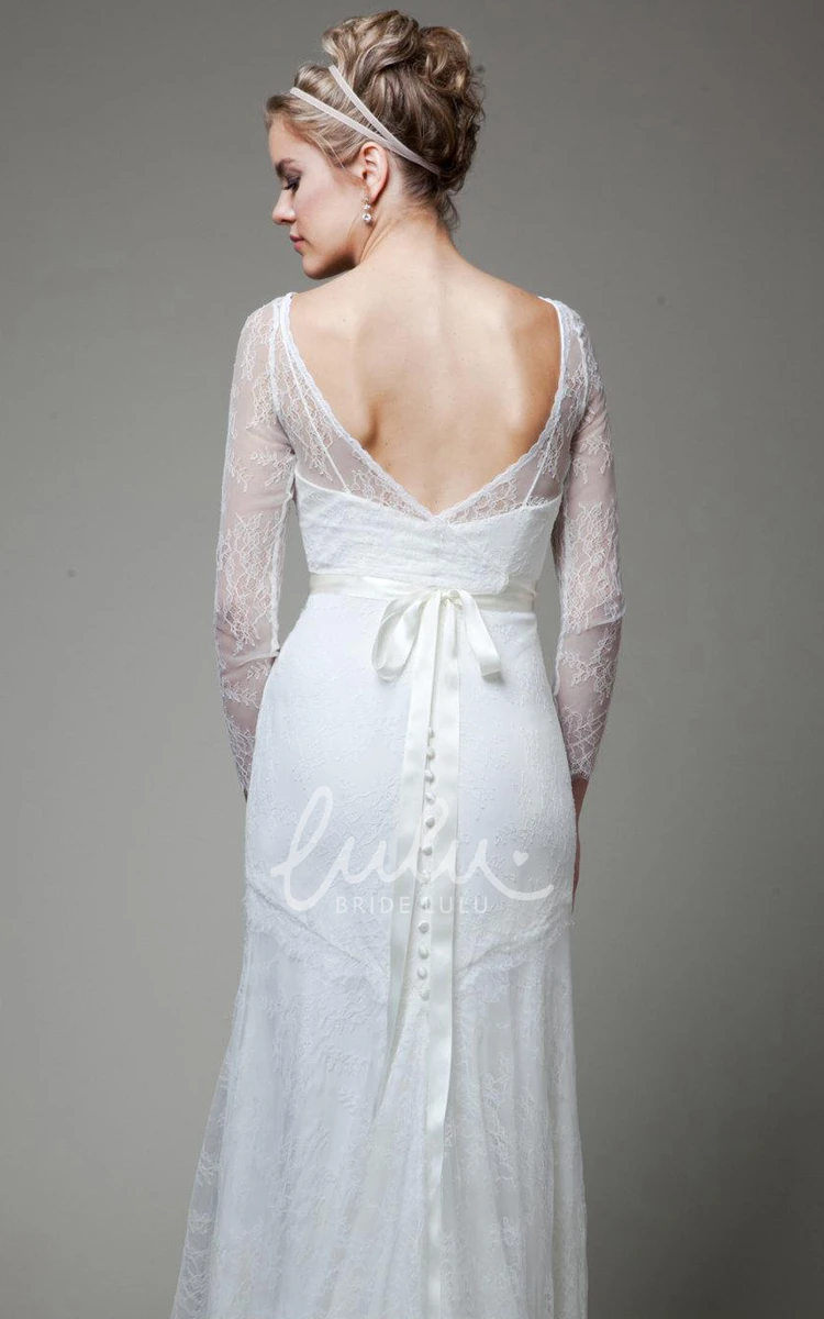Lace Sheath Wedding Dress with Illusion Sleeves and Low-V Back