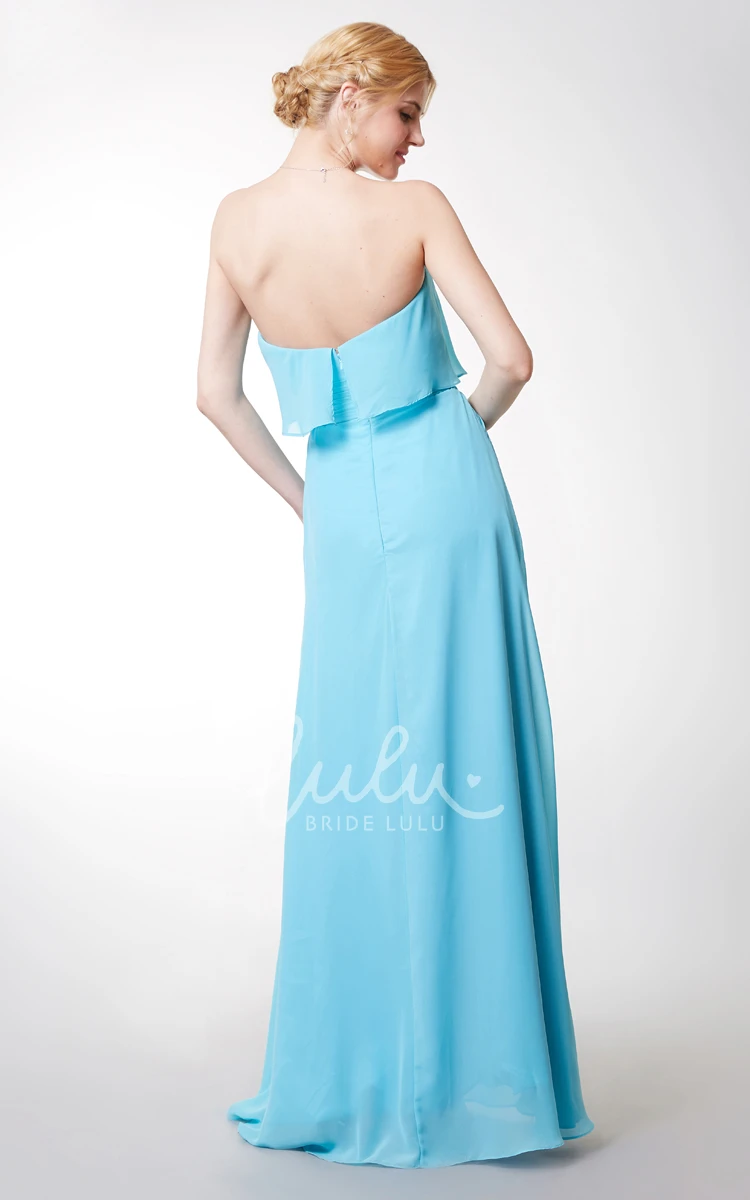 Pleated Chiffon Dress with Front Slit and Strapless Design