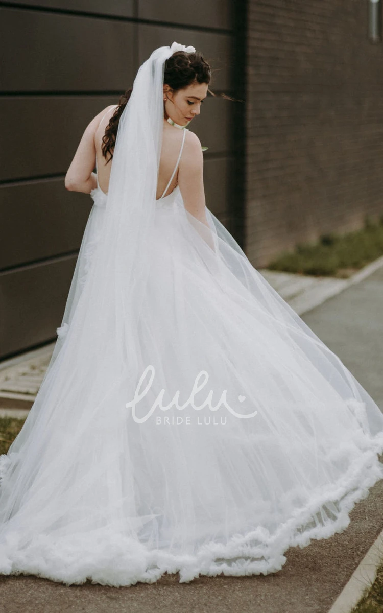 Romantic Tulle A Line Wedding Dress with Tiers and Spaghetti Neckline