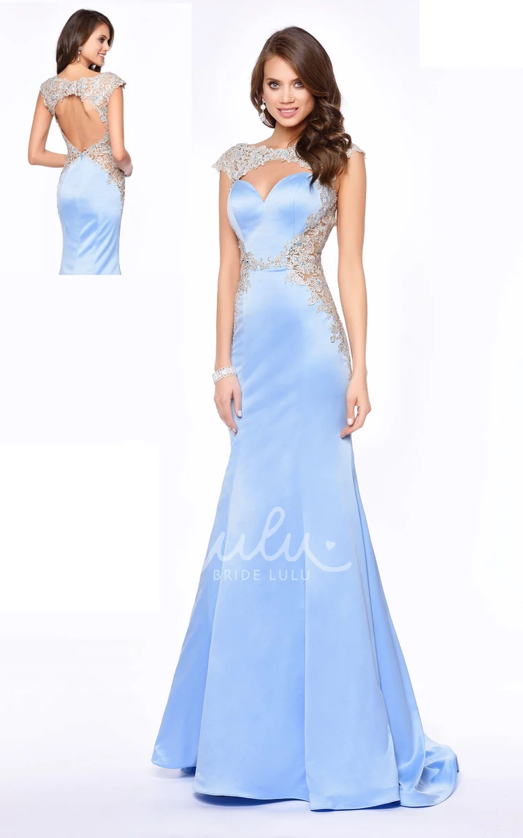 Appliqued Satin Sheath Formal Dress with Cap Sleeves and Keyhole