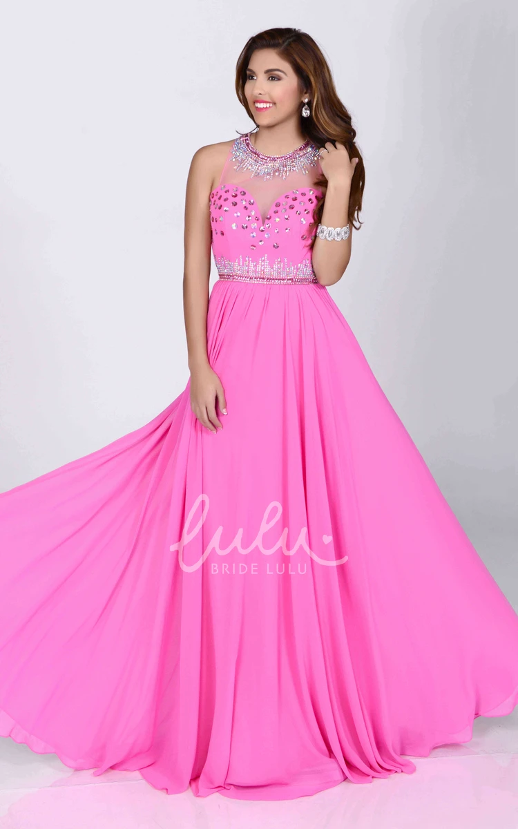 Sleeveless A-Line Chiffon Prom Dress with Rhinestone Neck and Sequined Bust