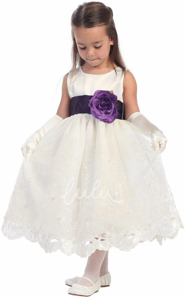 Flower Girl Dress Tea-Length Floral Organza & Satin Embroidered Tiered