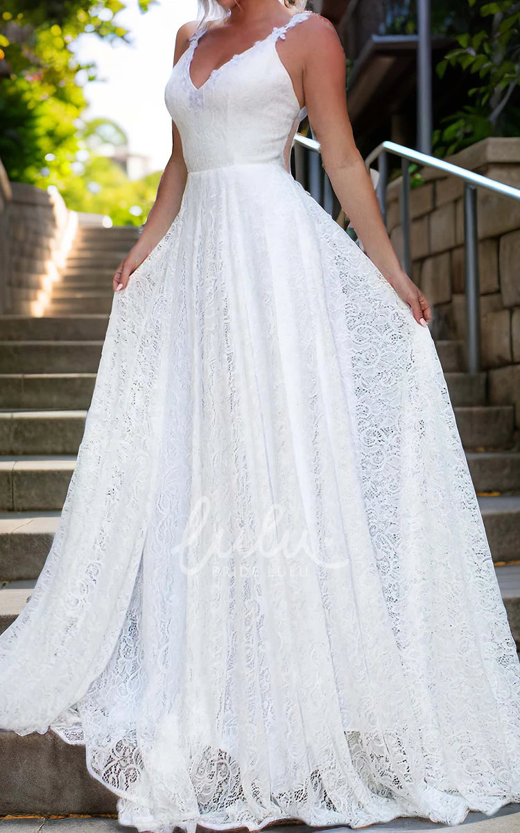 Spaghetti Lace Bohemian A-Line Sexy Floor-length Sleeveless Bride Wedding Dress