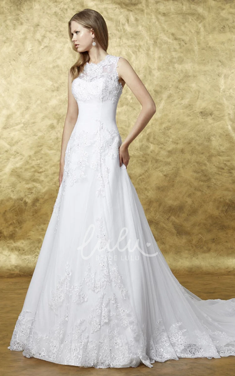 Lace A-Line Wedding Dress with Keyhole Back and Court Train Sleeveless Scoop Neck