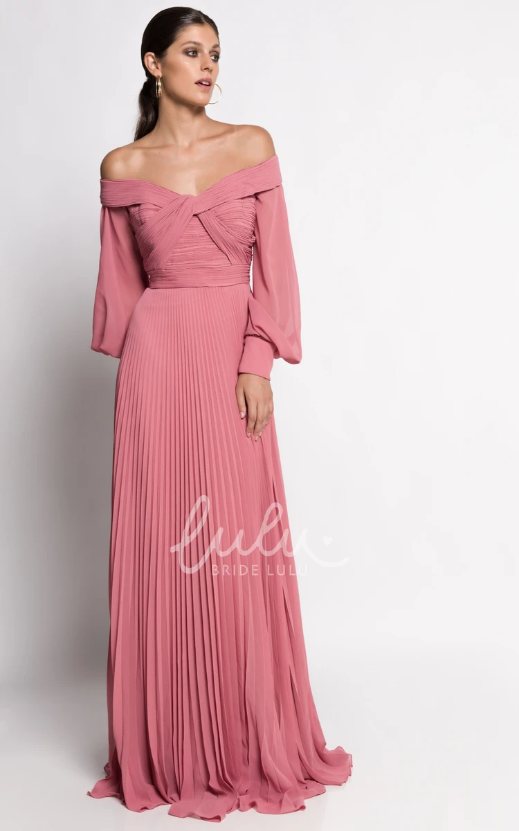 Off-the-shoulder A Line Chiffon Evening Dress with Pleats and Flowy Skirt