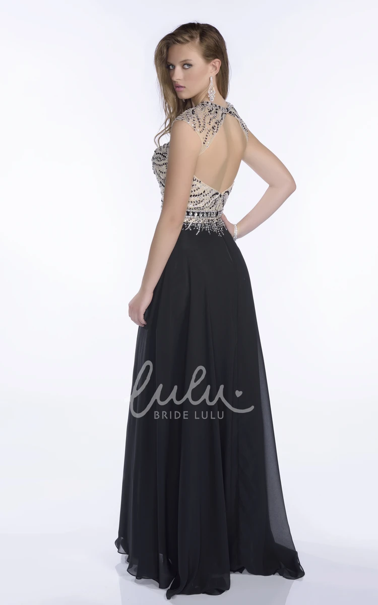 Beaded Bodice A-Line Chiffon Prom Dress with Keyhole Back and Pleats