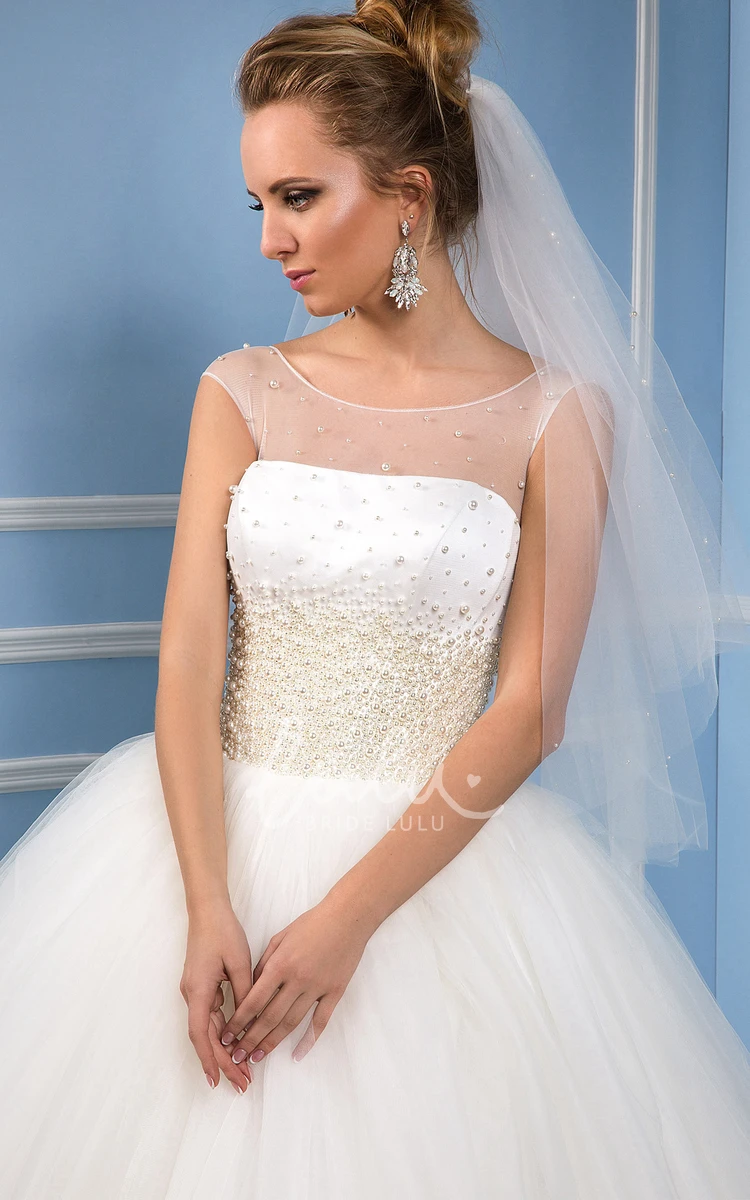 Corset Back Beaded Tulle Wedding Dress with Scoop Neckline Modern Bridal Gown