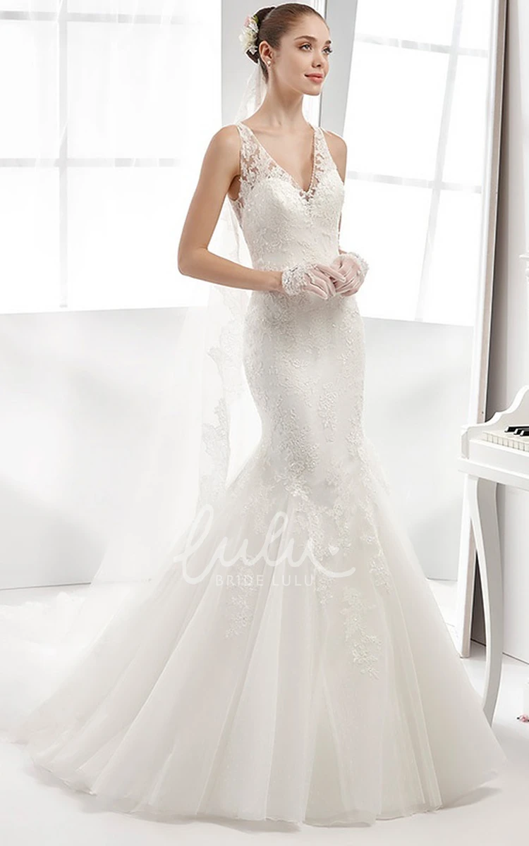 V-neck Lace Mermaid Wedding Dress with Appliques and Illusion Back