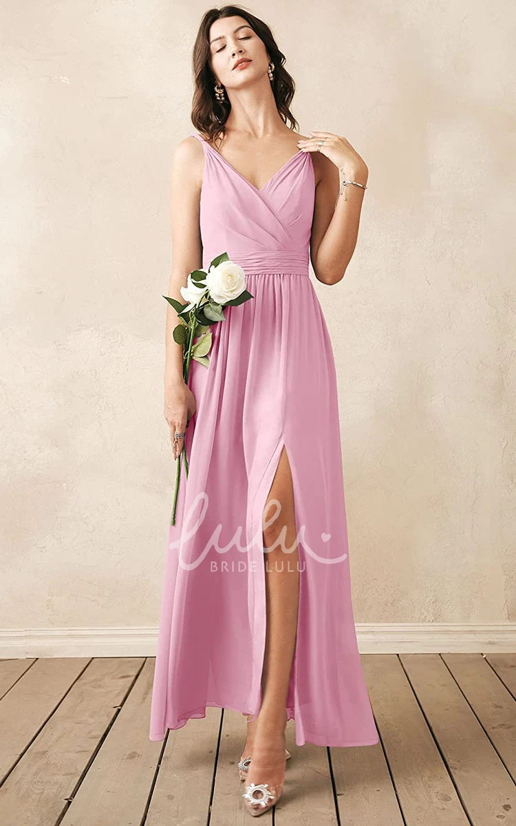 V-Neck Chiffon Ankle-Length Bridesmaid Dress with Ruching Sexy & Elegant