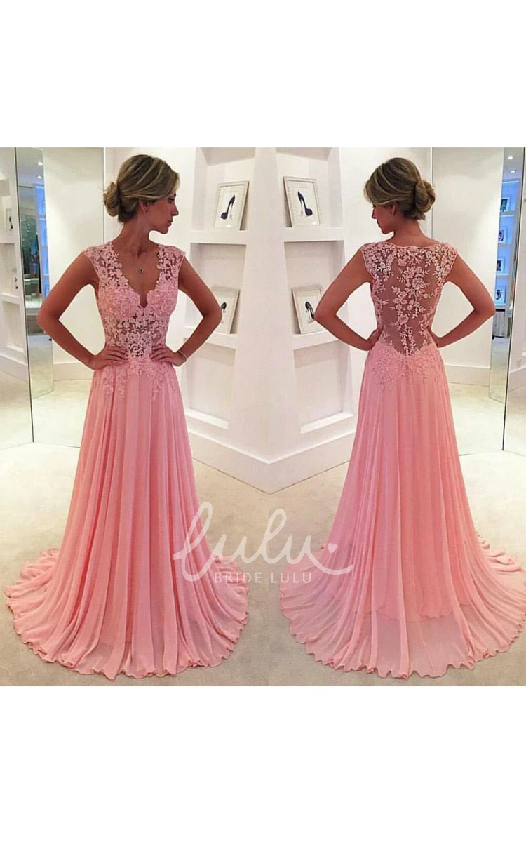 Long Pink Chiffon Bridesmaid Dress with Sleeveless Lace Appliques