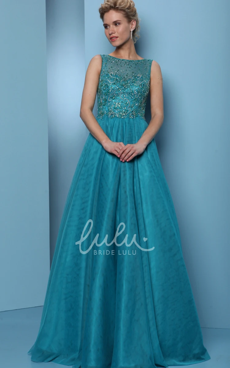 Beaded A-Line Prom Dress with Jewel-Neck and Pleats