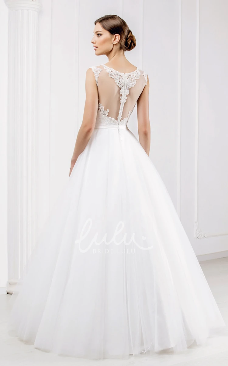 Illusion Appliqued Tulle Wedding Dress with Scoop Neckline Elegant Bridal Gown