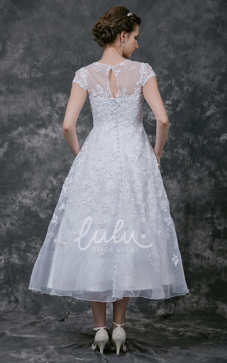 Tea-length Lace Wedding Dress with Short Sleeves