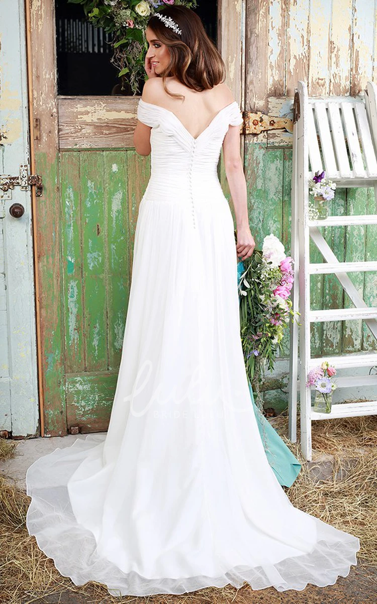 Off-The-Shoulder Ruched Tulle Wedding Dress Romantic Bridal Gown