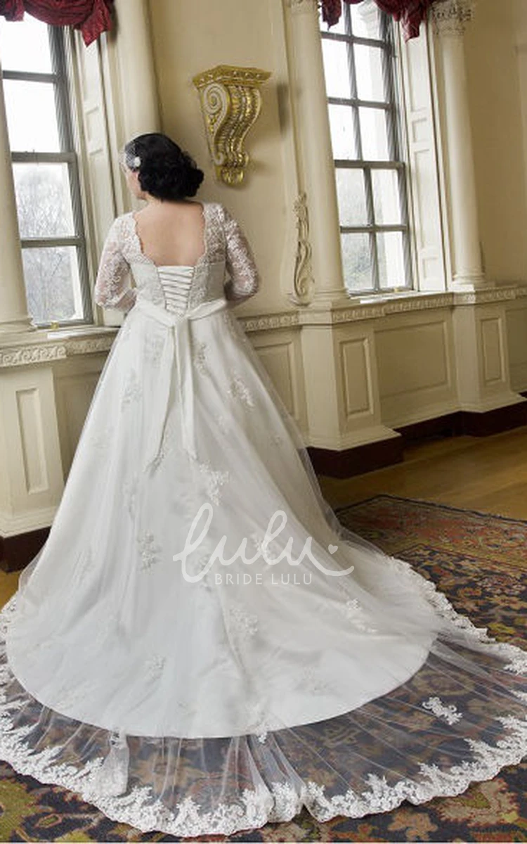 Lace Long Sleeve Wedding Dress with Crystal Satin Sash and Lace-Up