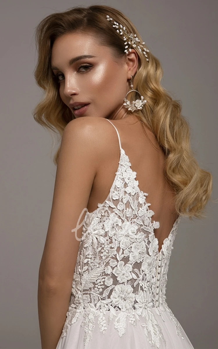 A-Line Chiffon Lace Spaghetti Wedding Dress with Appliques Romantic Chiffon Lace A-Line Wedding Dress with Appliques