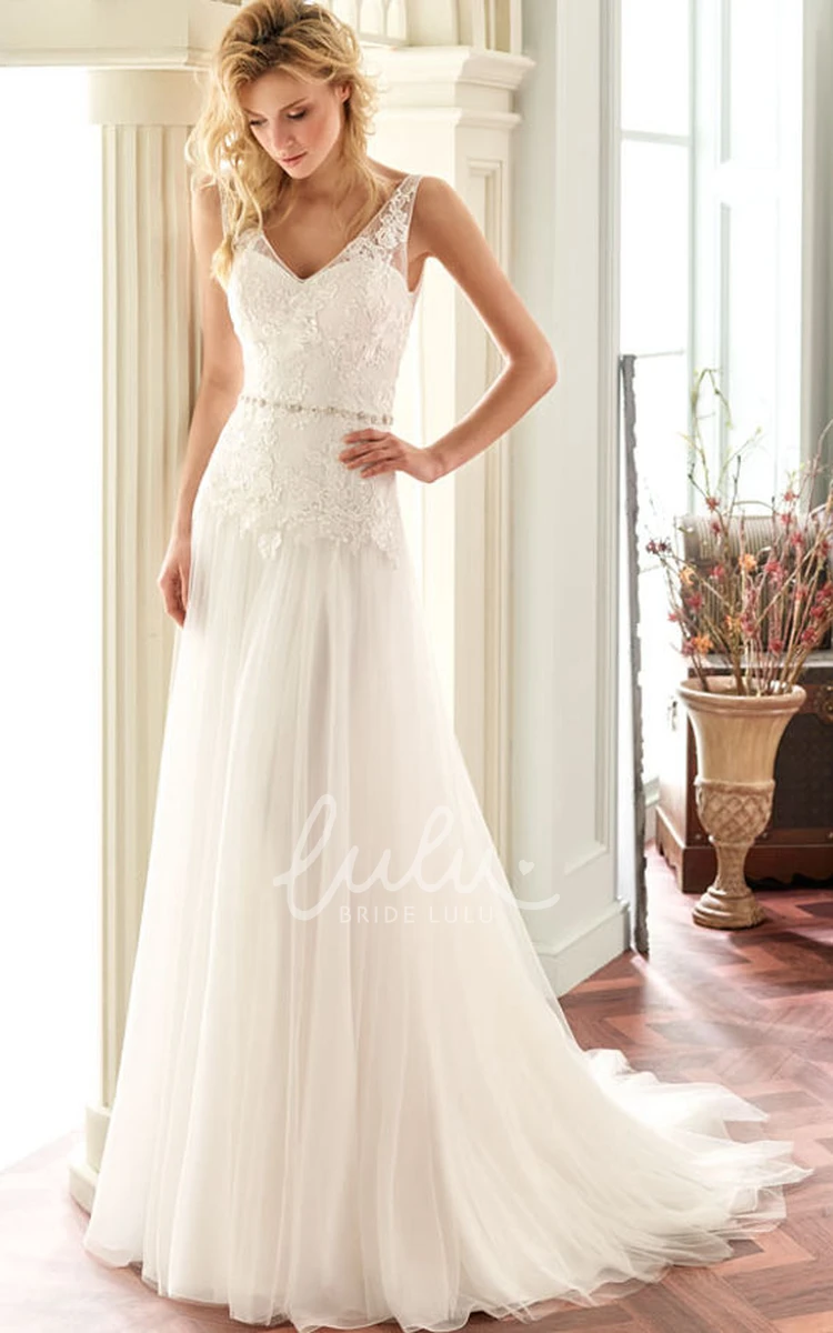Lace V-Neck Wedding Dress with Appliques and Jeweled Waist A-Line Floor-Length