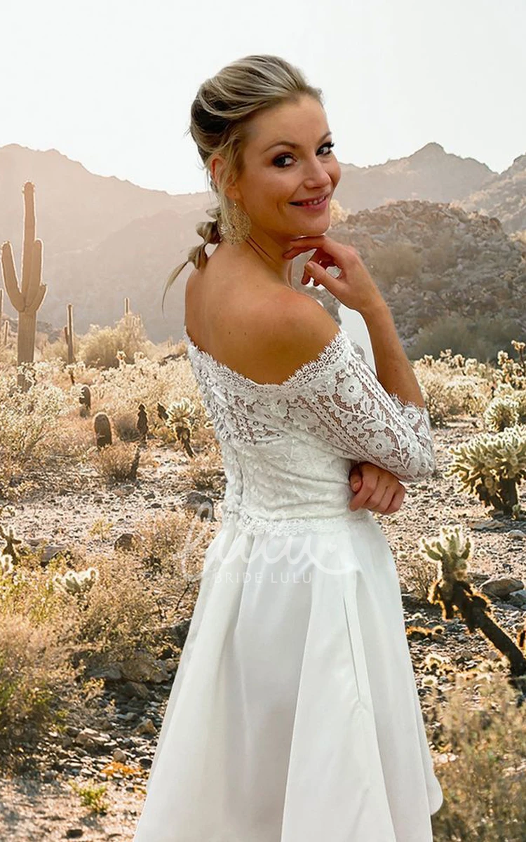Lace Illusion A Line Wedding Dress with Ruching 3/4 Sleeve Informal