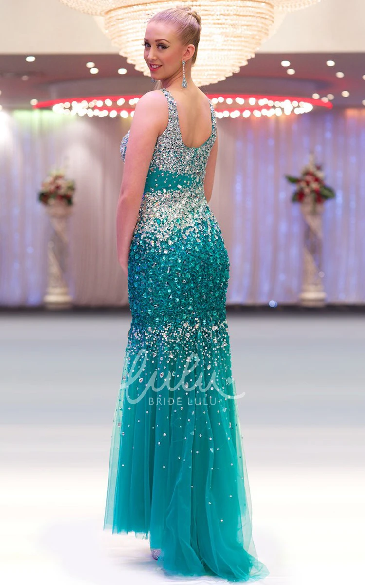 Sheath Crystal Sequins&Tulle Prom Dress Ankle-Length Sleeveless Scoop-Neck