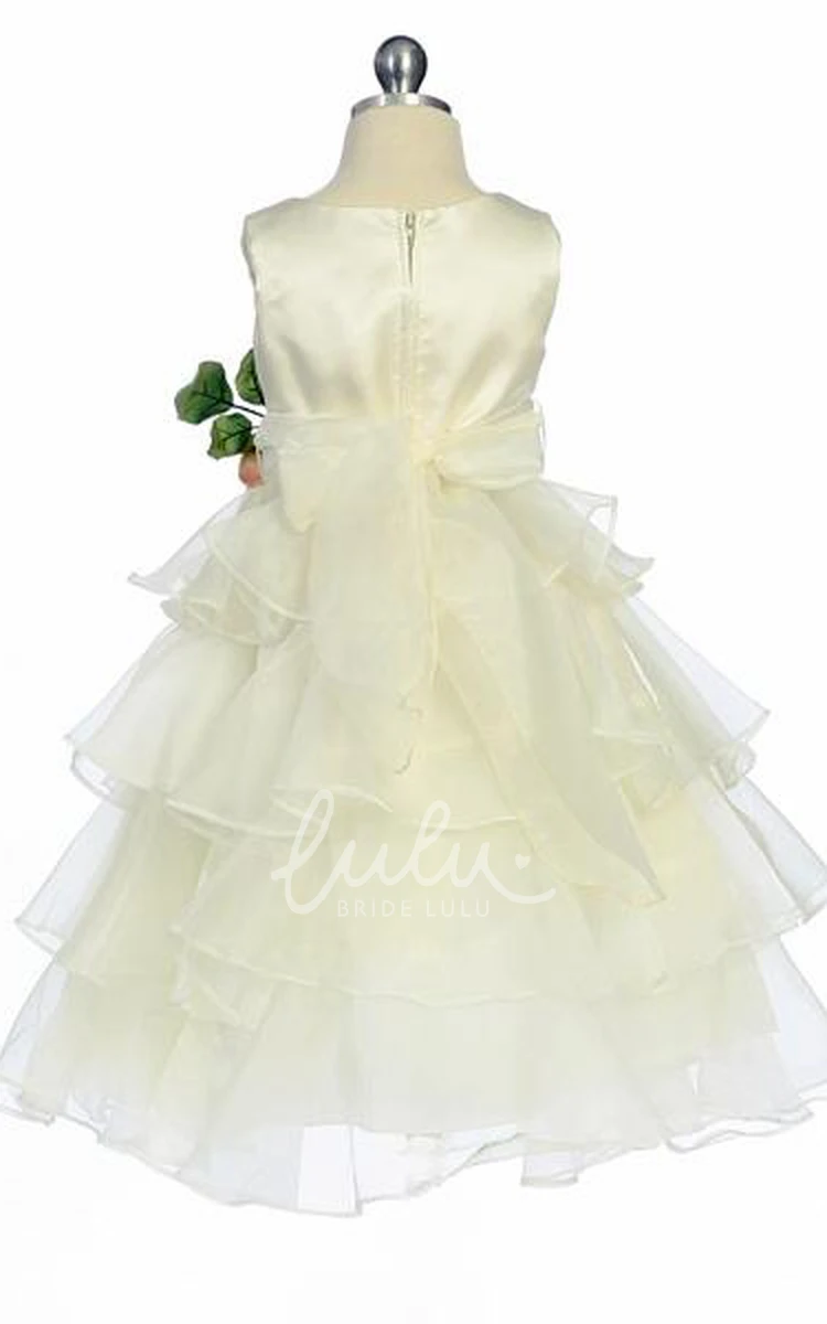 Tiered Organza Tea-Length Flower Girl Dress with Floral Design Flowy Wedding Dress