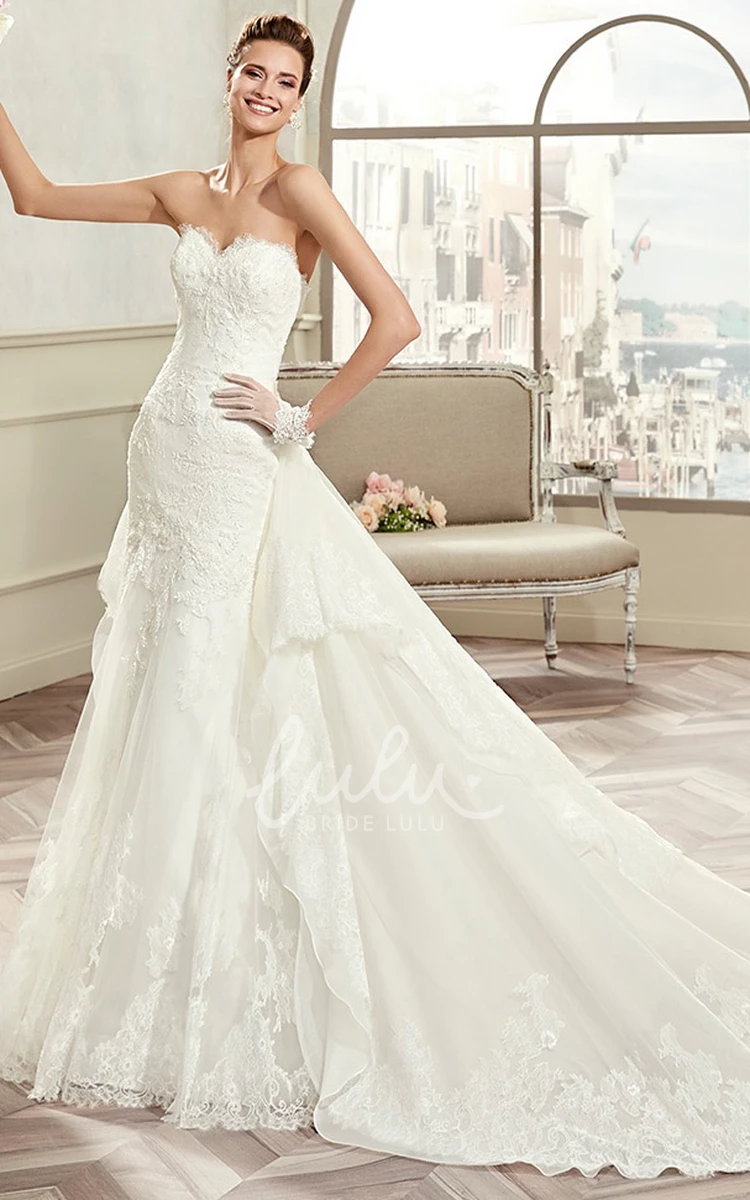 Lace Sweetheart Long Wedding Dress with Detachable Tiered Train and Open Back