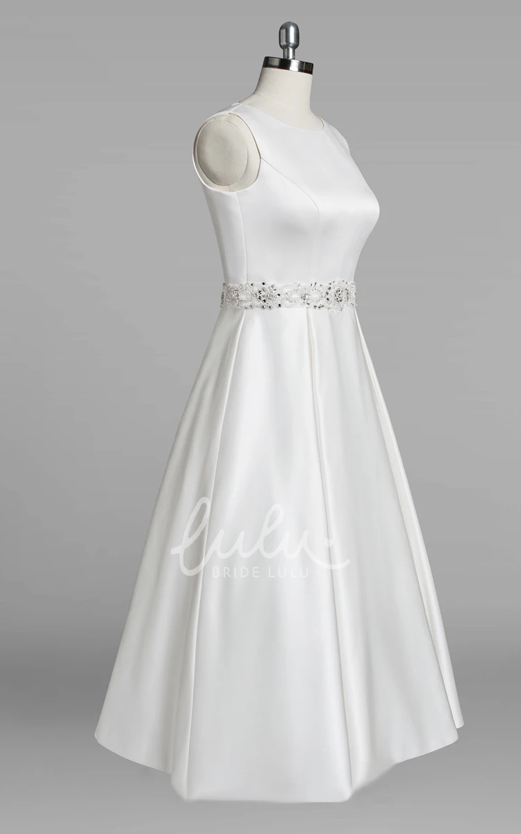 Beaded Satin A-Line Tea-Length Wedding Dress with Jewel Neck