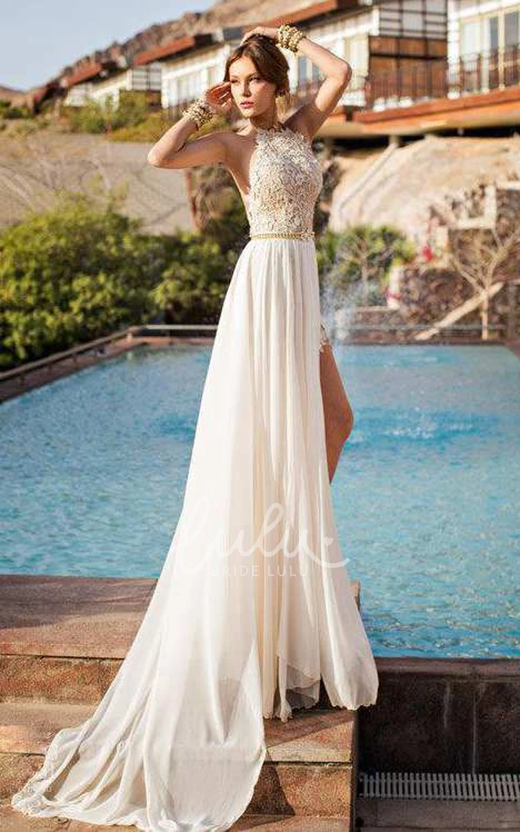 High Neck Lace Wedding Dress with Chiffon Skirt Modern Bridal Gown