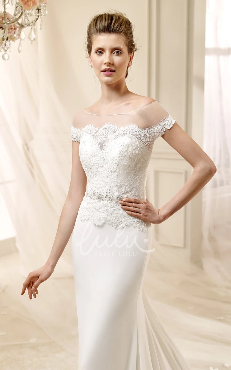 Beaded Lace Wedding Dress with Jewel Neckline and Satin Skirt Elegant Wedding Dress