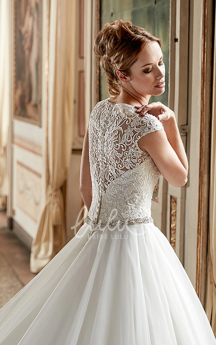 Tulle and Lace A-Line Wedding Dress with Cap Sleeves and Waist Jewelry