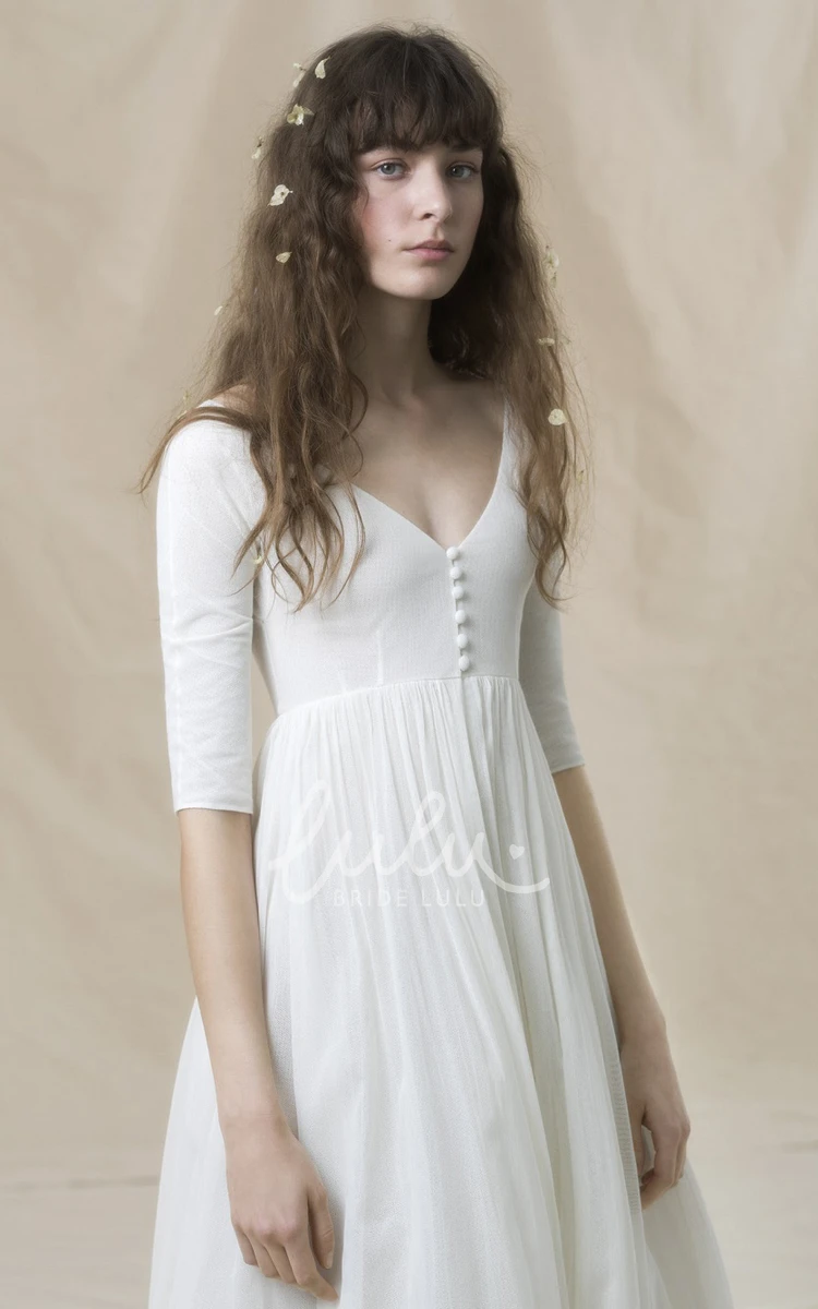 Tulle A Line Floor-length Half Sleeve V-neck Wedding Dress with Ruching Elegant & Timeless