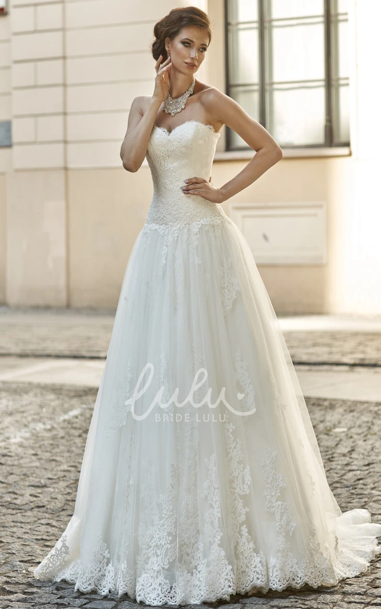 Lace A-Line Sweetheart Wedding Dress with Pleats and Floor-Length Train Classy Wedding Dress