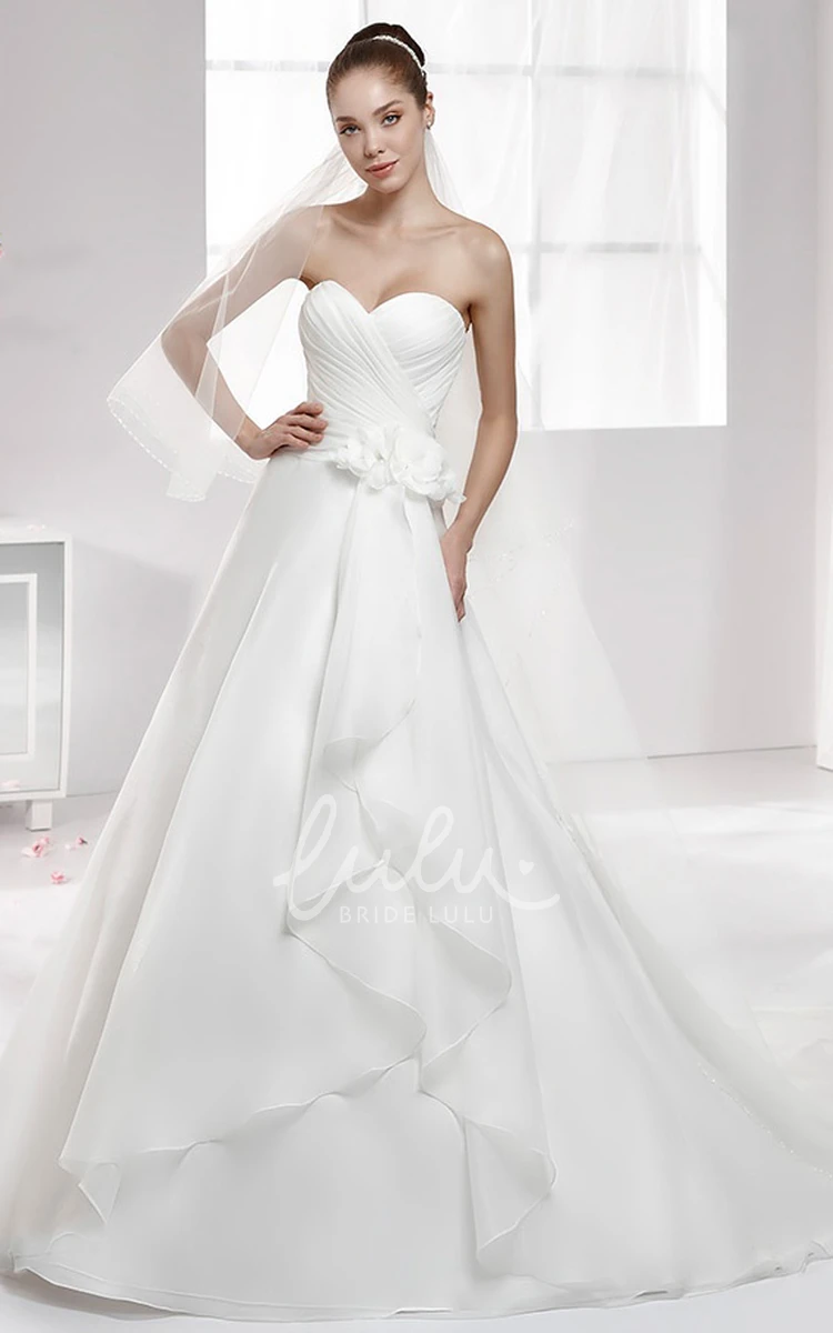 Chiffon A-Line Wedding Dress with Floral Waist and Pleated Bodice