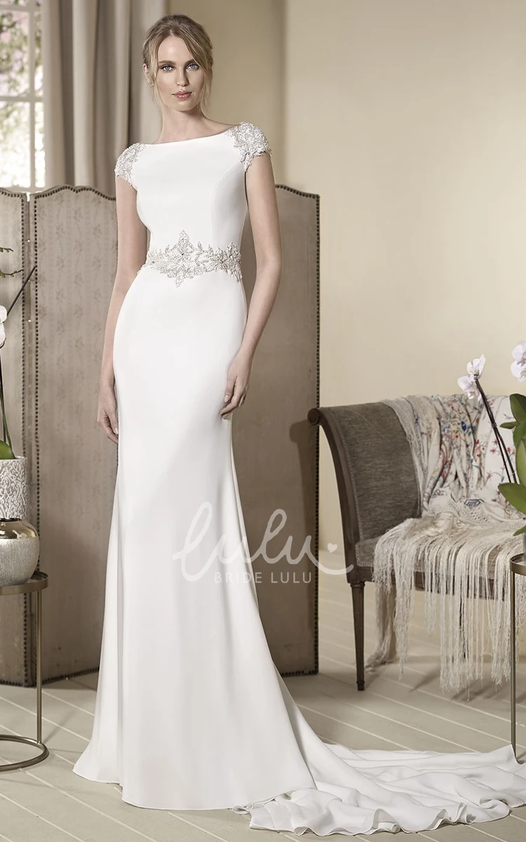 Crystal Jewel-Neck Cap-Sleeve Long Wedding Dress Sheath Style