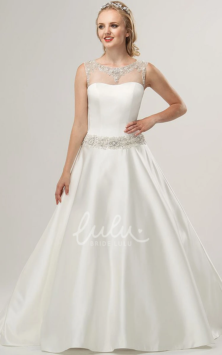 Satin Scoop-Neck Wedding Dress with Beaded Sleeveless A-Line Design Elegant and Modern