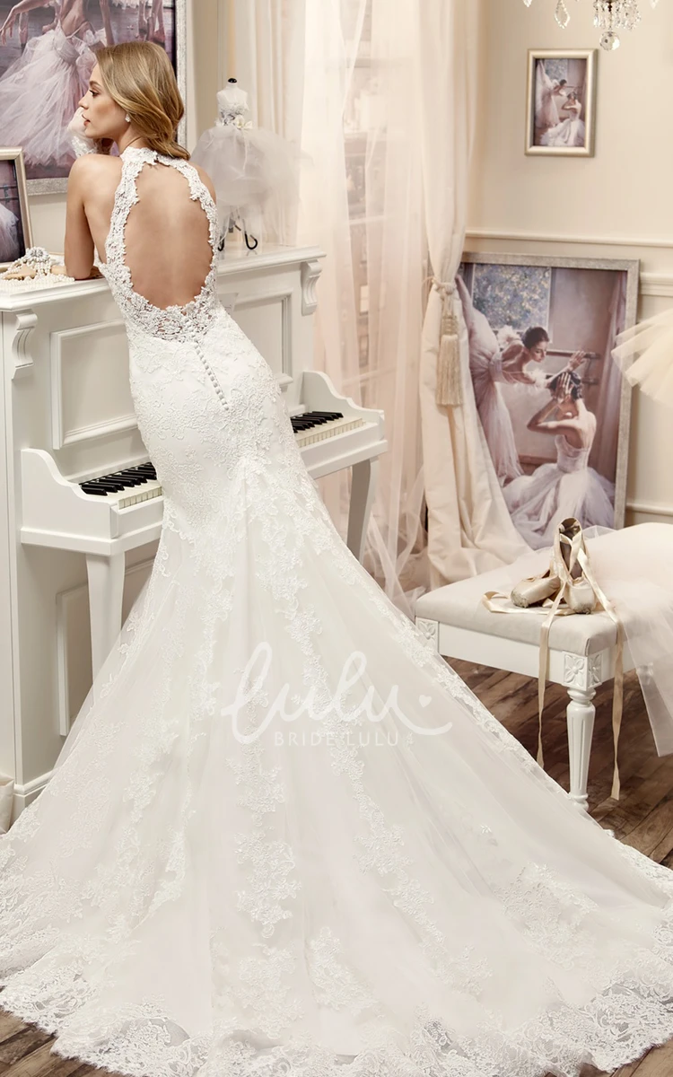 Lace Mermaid Wedding Dress with High Neck and Brush Train Elegant Bridal Gown