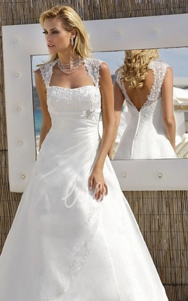 Maxi Tulle A-Line Wedding Dress with Cap Sleeves Waist Jewelry and Keyhole Back